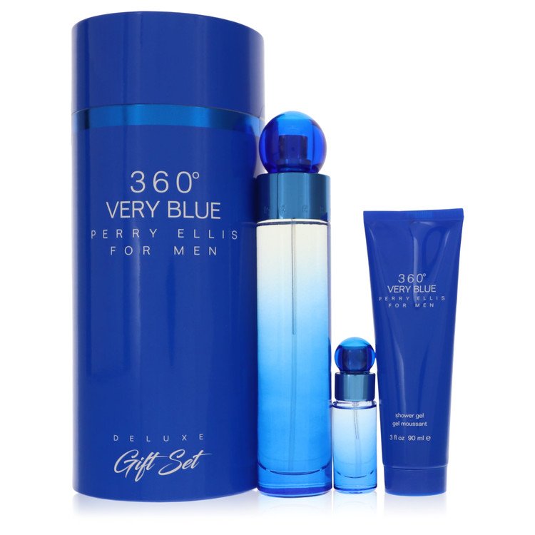 Perry Ellis 360 Very Blue Gift Set By Perry Ellis 3.4 oz Eau De Toilette Spray + .25 oz Mini EDT Spray + 3 oz Shower Gel For Men By Perry Ellis