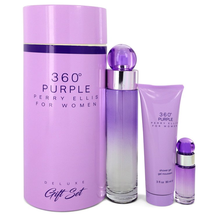 Perry Ellis 360 Purple Gift Set By Perry Ellis 3.4 oz Eau De Parfum Spray + .25 oz Mini EDP Spray + 3 oz Shower Gel For Women By Perry Ellis