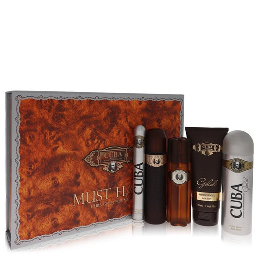 Cuba Gold Gift Set By Fragluxe 3.3 oz Eau De Toilette Spray + 3.3 oz After Shave Spray + 6.7 oz Body Deodorant Spray + 6.7 oz Shower Gel +  1.17 oz EDT Spray For Men By Fragluxe