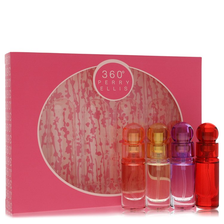 Perry Ellis 360 Gift Set By Perry Ellis Four piece Travel Gift Set Includes .25 oz Mini Eau De Parfum Spray of each. 360 Coral, 360 For Women, 360 Purple, 360 Red. For Women By Perry Ellis
